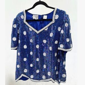 Stenay Plus vintage periwinkle blue silk sequin polka dot occasion top